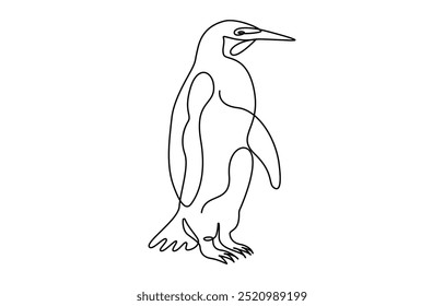 Pinguim contínuo uma linha arte desenho do vetor, Uma linha pinguim, esboço. Ilustração vetorial monocromática do contorno do animal polar isolado no fundo branco, arte da linha contínua do pinguim