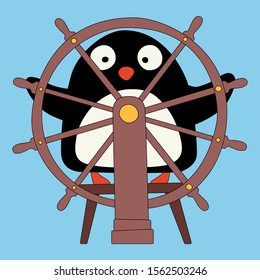 Penguin controls the ship at the helm. Concept of travel or cruise or start of journey. Cute cartoon design. Children's drawing in a flat style. Vector illustration.