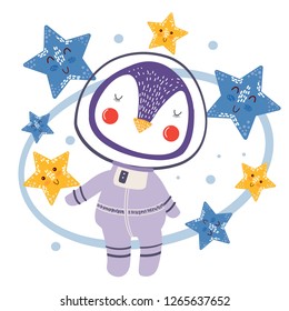 penguin cosmonaut print for clothes