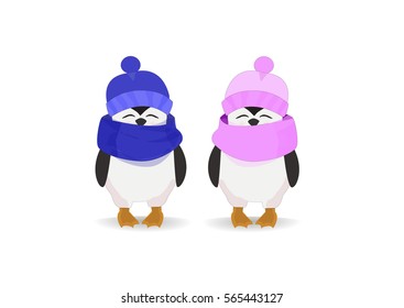 Penguin couple in hats on a light background.