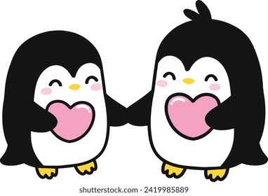 Penguin Couple with Heart and Holding Hands, Cartoon Illustration of Cute Penguins in Love