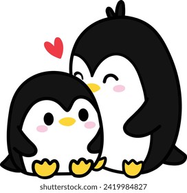 Penguin Couple kissing, Cartoon Illustration of Cute Penguins in Love