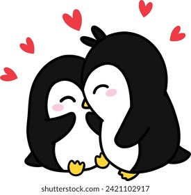  Penguin Couple Kissing, Hand Drawn, and Cartoon  Illustration of Cute Penguins in Love. 