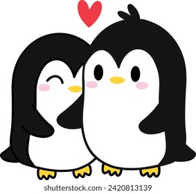 Penguin Couple in Love, Hand Drawn, and Cartoon  Illustration