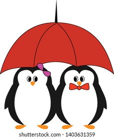 The Penguin Couple Sharing The Same Umbrella And Looking At Each Other Is Amazing, While The Girl Penguin In A Purple Bow Clip And The Boy In A Red Bow Neck Tie, Vector, Color Drawing Or Illustration.