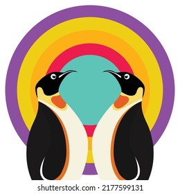 Penguin Couple Vector Illustrator Circle Color Flat Shape Design