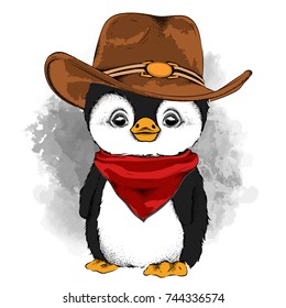 a penguin in a cowboy hat. vector illustration