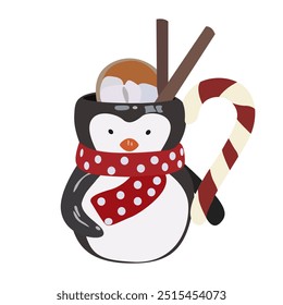 Penguin cup with cocoa, marshmallows and cinnamon sticks. Merry Christmas and Happy New Year greeting card. Penguin character in a flat style on a white background