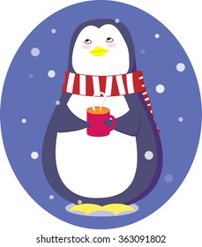 Penguin with a cup looking at the snow