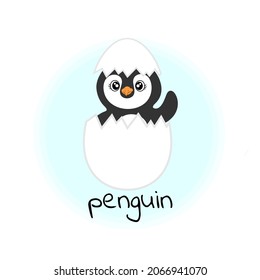 Penguin cute baby hatched from an egg Merry Christmas and Happy New Year sticker in cartoon style Winter holidays vector illustration of cute baby penguin cartoon waving isolated on white background
