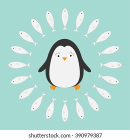 Penguin. Cute cartoon character. Fish round frame. Arctic animal collection.  Baby bird. Flat design Vector illustration