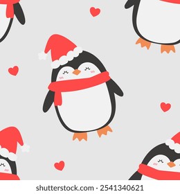 Personagem de desenho animado Pinguim vestindo chapéu de Papai Noel no Natal Padrão sem emenda 