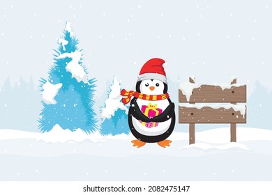 Penguin cute cartoon. Merry Christmas. Penguin in Christmas clothes in winter vector illustration 