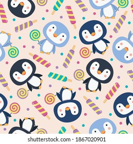 Dibujo de Penguin Cute con un patrón sin soldadura con caramelo