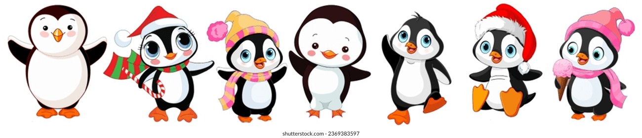 penguin cute character kids set of illustration bird vector