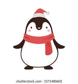 Penguin cute icon with christmas theme, hat and scarf, Penguin logo vector illustration 