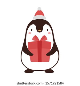 Penguin cute icon with christmas theme, gift and hat, Penguin logo vector illustration 