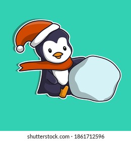 Penguin cute illustration making a snowballs, suitable for use as design elements, stickers, greeting cards, Christmas celebrations and more