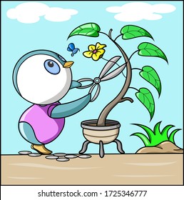 un pingüino está cortando flores en el árbol