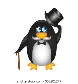 Penguin in the cylinder with a cane ,vector illustration on white background
