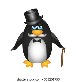 Penguin in the cylinder with a cane,vector illustration on white background