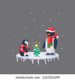 Penguin Dad and his baby dressed up a little Christmas tree. Cute greeting illustration on holidays.