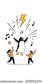 A penguin dances with joy surrounded by music and lightning.