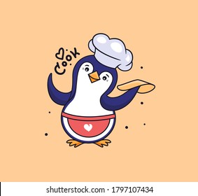 El pingüino bailando y girando la pizza en blanco. El caricaturista chef-animal está cocinando comida. Bien por el aspecto familiar impresiones, diseños de camisetas, pegatinas, etc. Ilustración vectorial con letras de la cocinera Love