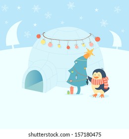 Penguin is decorating Christmas Tree