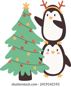 Ilustración de vectores de árbol de Navidad con decoración de pingüino