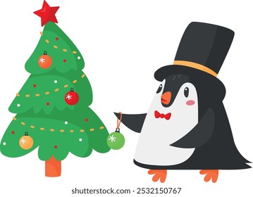 Pingüino decorando árbol de Navidad. Mascota de vacaciones de invierno