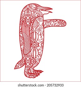 Penguin, decorative ornament, lace pattern, vector illustration, isolated red on white