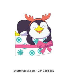 a penguin with a deer antler headband hugs a gift
