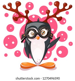 Penguin with deer antlers - cartoon funny characters. Vector eps 10