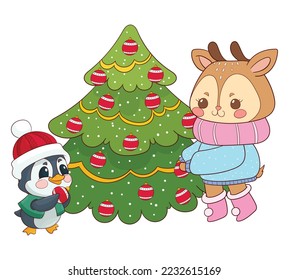 penguin and deer making christmas tree
