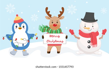 Penguin, deer and snowman on a snowy background. Vector illustration