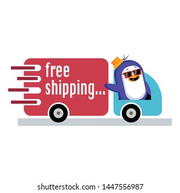 Penguin delivering goods with free shipping.Vector illustration isolated on white background