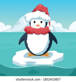 Penguin design with santa claus cap at christmas