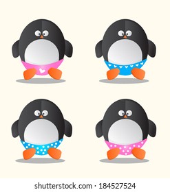 Penguin in different underwear cartoon vector illustration