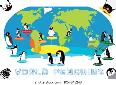 Penguin Distribution World Map Cartoon Vector