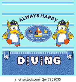 penguin diving for fish, Animal Cartoon, isolated Flat Vector Illustration