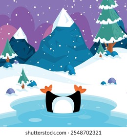 Penguin diving in icy pond under snowfall, Vector