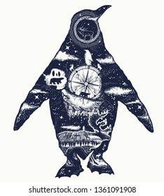 Penguin double exposure tattoo art and t-shirt design. Symbol of Arctic, Antarctica, tourism and adventure, north animals 