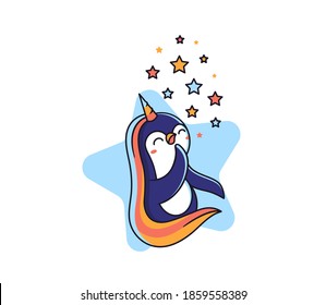 The Penguin is a dreaming while looking at a star dust. Cartoonish rainbow unicorn in the big blue star. Good for kids designs, t-shirts, clothes, stickers, etc. Vector illustration