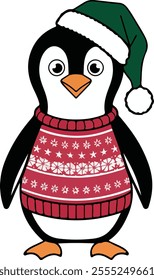 penguin dressed for Christmas with a winter scarf and Santa hat.