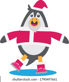 
A penguin dressed in Santa Claus with a nervous face is skating on the ice