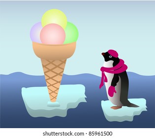 Penguin dressed in a scarf and a hat floats on the melting iceberg with a cone with a biscuit cone with four scoops of ice cream