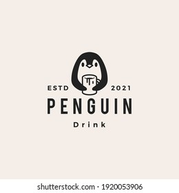 penguin drink mug cup hipster vintage logo vector icon illustration