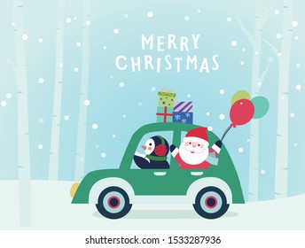 Penguin driving a car carrying Santa Claus.Vector illustration.Christmas card.