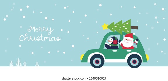 Penguin driving a car carrying Santa Claus.Vector illustration.Christmas card. Christmas vector illustration. holiday card design.Christmas card design. Website banner design.